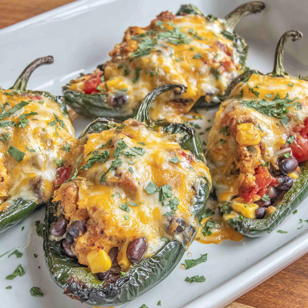 Close-up of melty pepper jack on stuffed poblano peppers