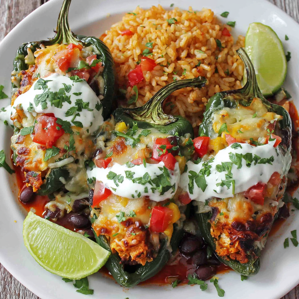 Stuffed poblano pepper plated with salsa and sour cream