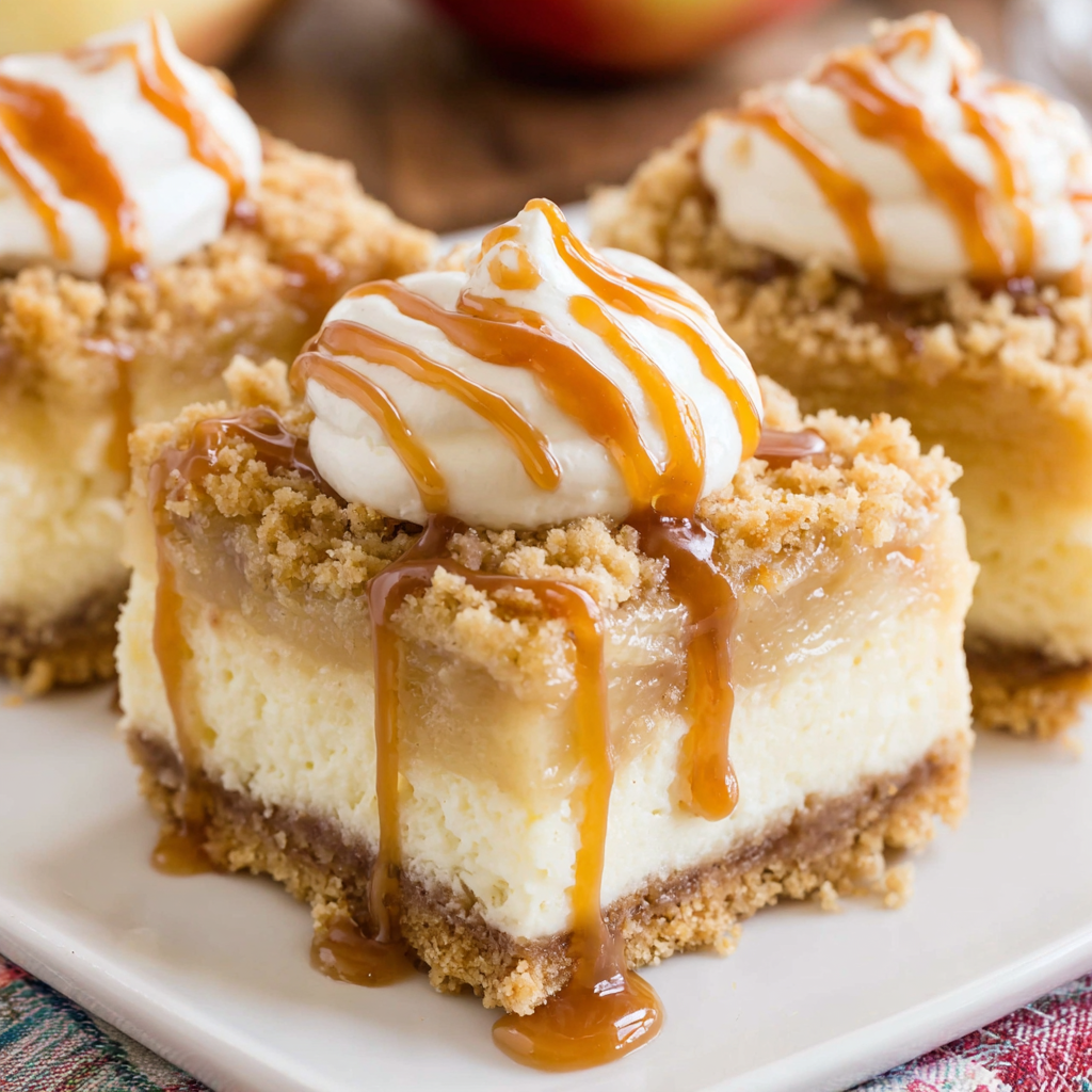 Overhead shot of layered pear cheesecake bars with caramel drizzle