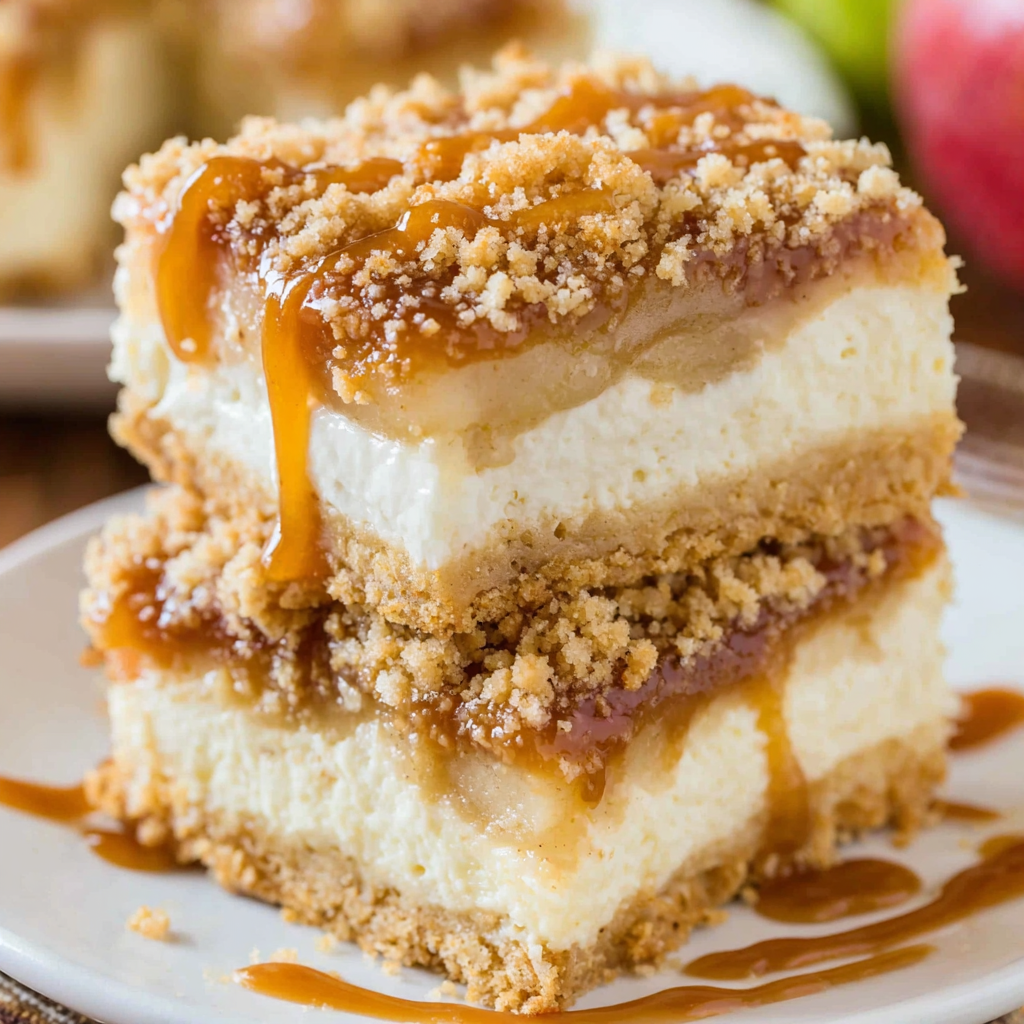 Side view of cheesecake bar layers showing crust, cheesecake, pear filling, and crumble