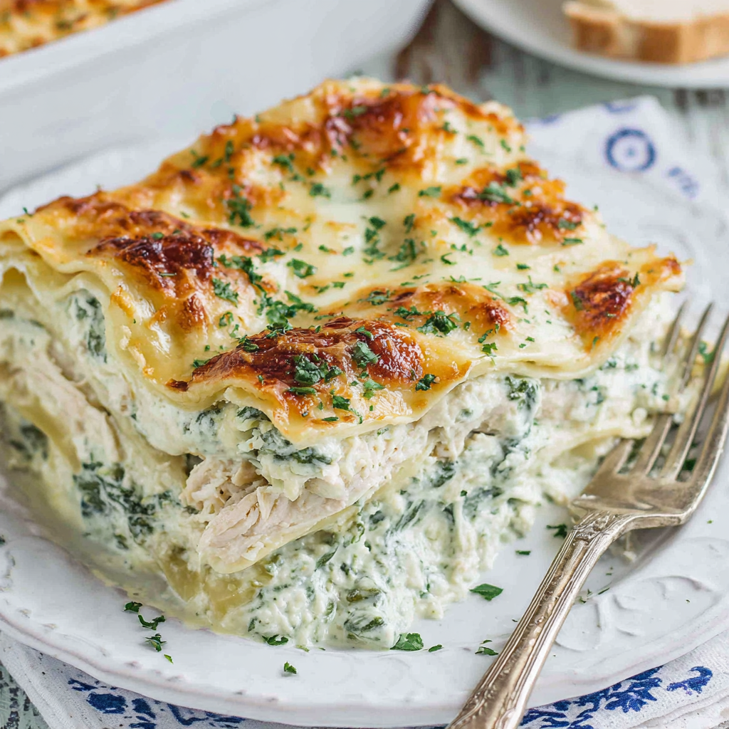 Close-up of lasagna layers with spinach bechamel and chicken