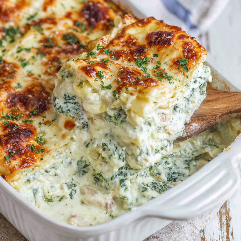 Serving suggestion of chicken spinach lasagna with salad