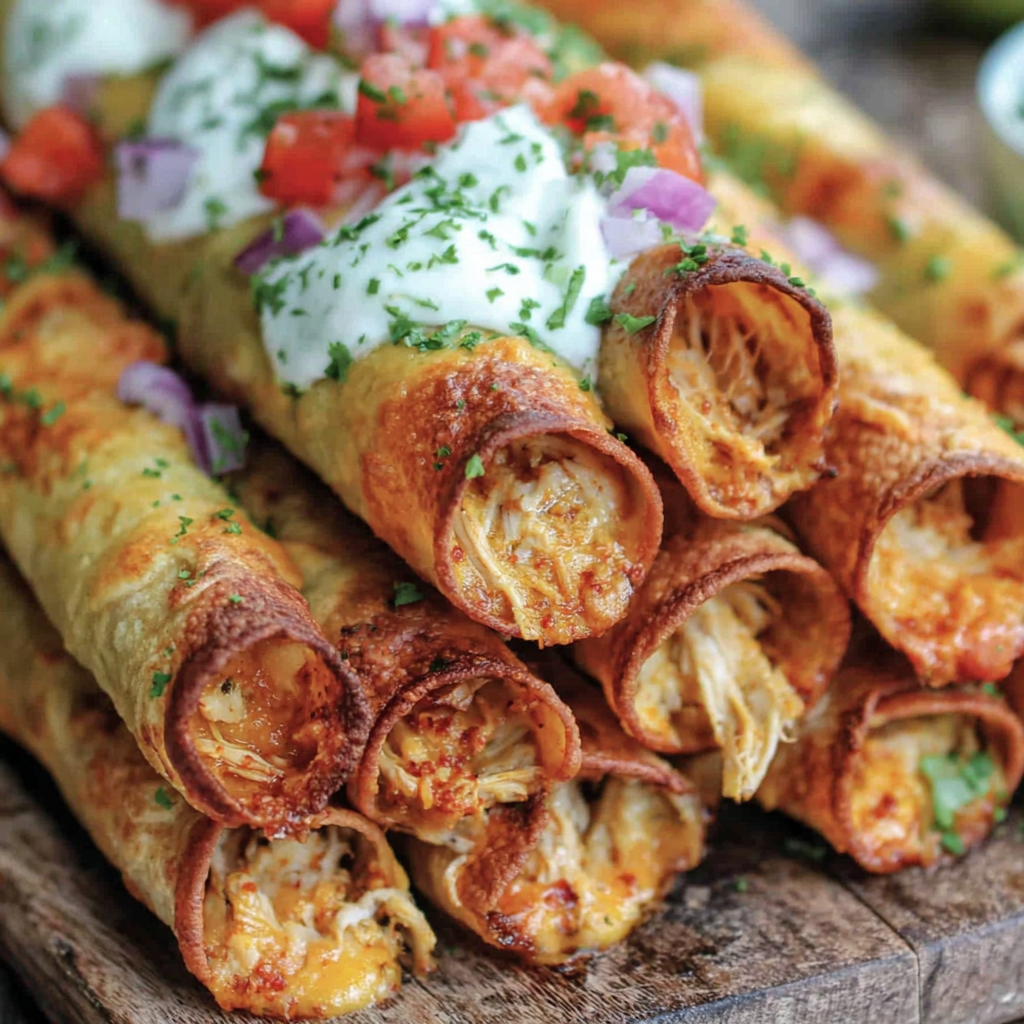 Plate of taquitos with salsa, sour cream, and guacamole for dipping