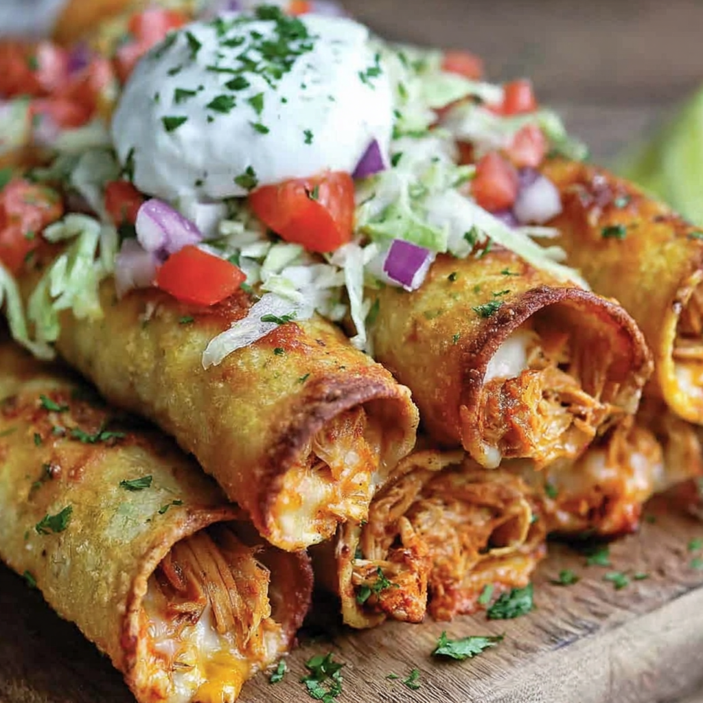 Golden taquitos stacked with lime wedges and cilantro