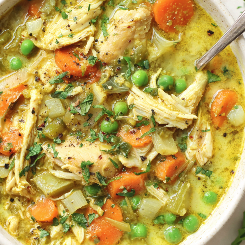 Ingredients for turmeric chicken soup laid out on a cutting board