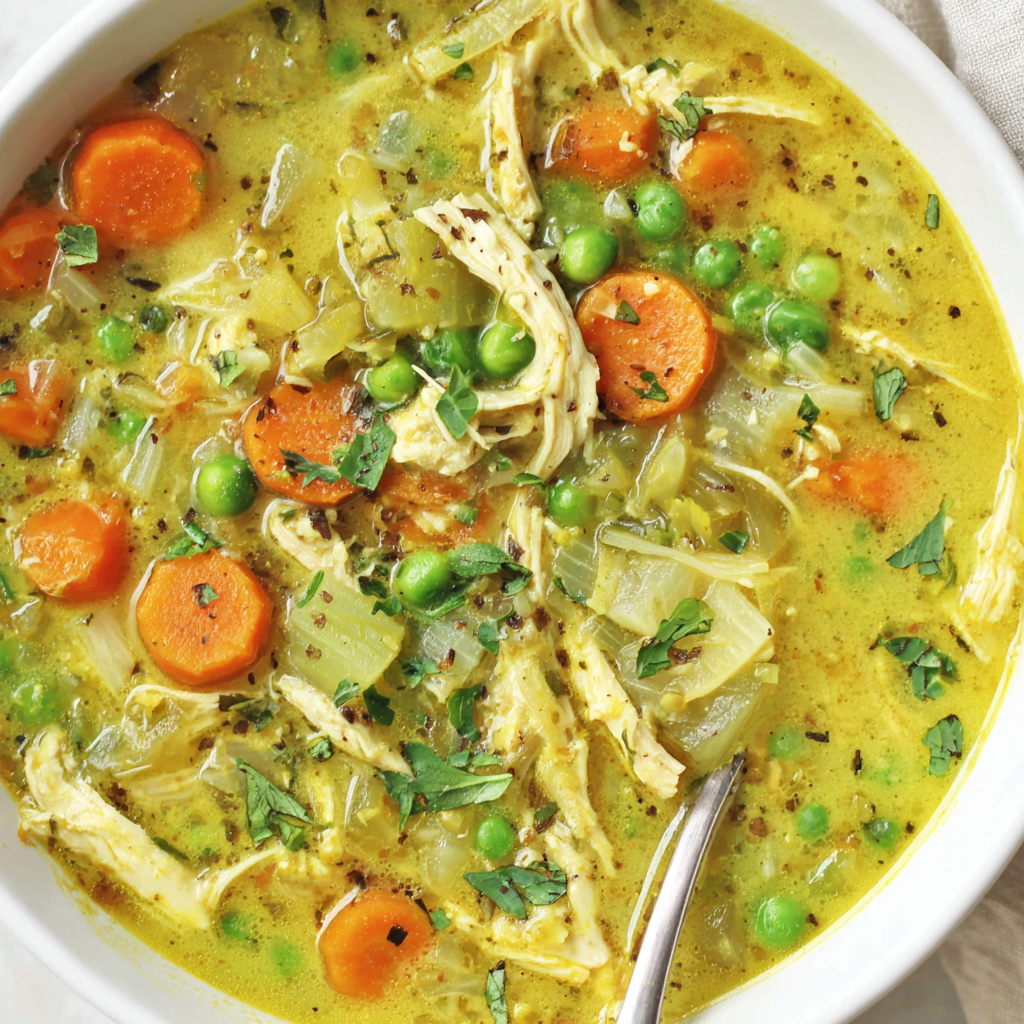 Ladle scooping turmeric chicken soup from a Dutch oven