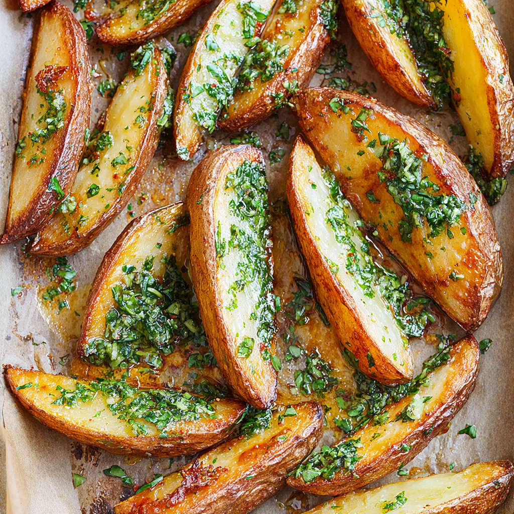 Close-up of crisp potato wedges with green herb drizzle