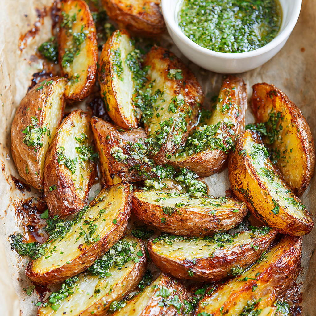Serving platter of potato wedges garnished with basil and parsley