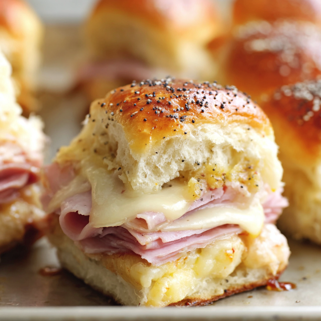 Ham and Swiss sliders on a baking sheet, brushed with poppy butter