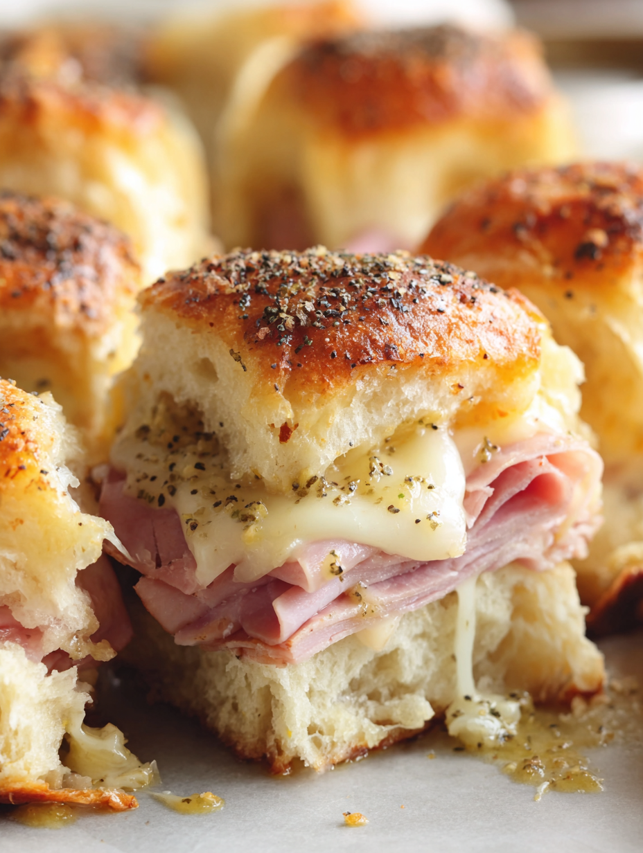 Close up of a ham and Swiss slider with melty cheese