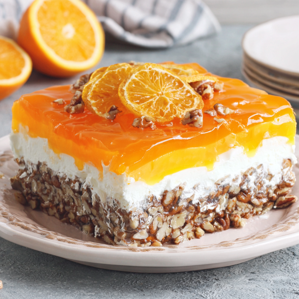 Close-up of pretzel pecan crust and creamy layer texture
