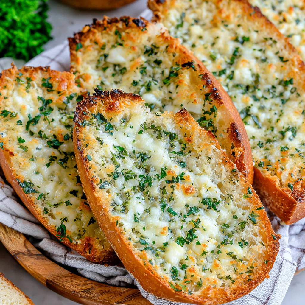 Herbed garlic butter spread on halved French bread
