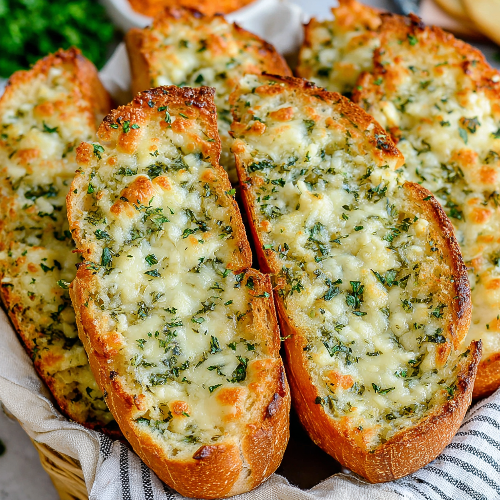 Crispy edge garlic bread with melted cheese