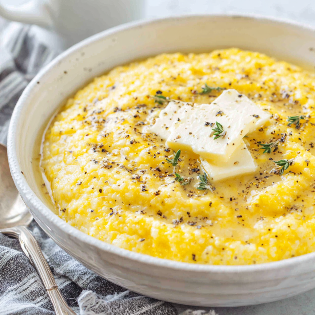 A ladle scooping creamy grits from a slow cooker