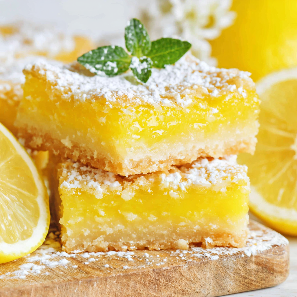 Close-up of lemon bar layers showing crust and custard