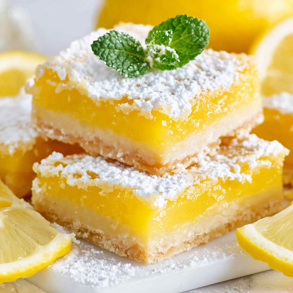 Tray of lemon bars dusted with powdered sugar, ready to serve