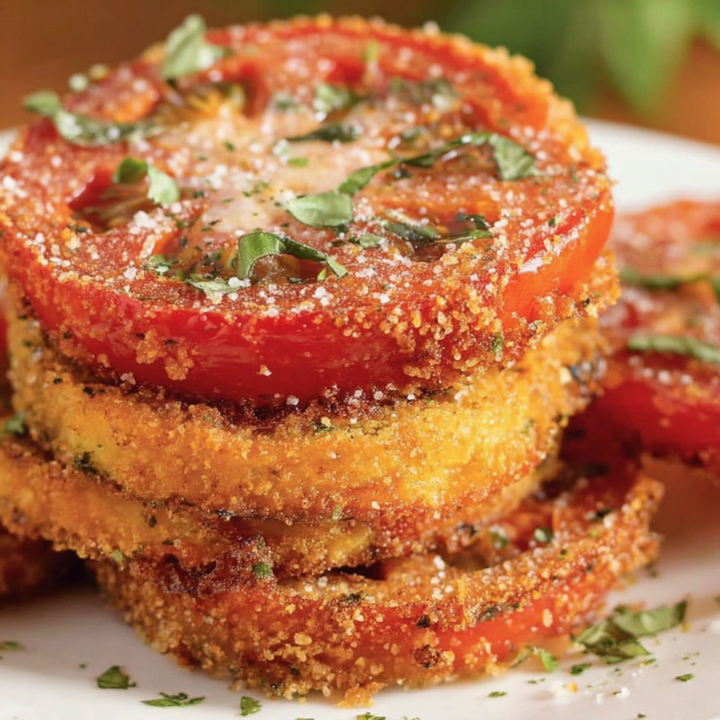 Crispy fried red tomatoes stacked on a plate