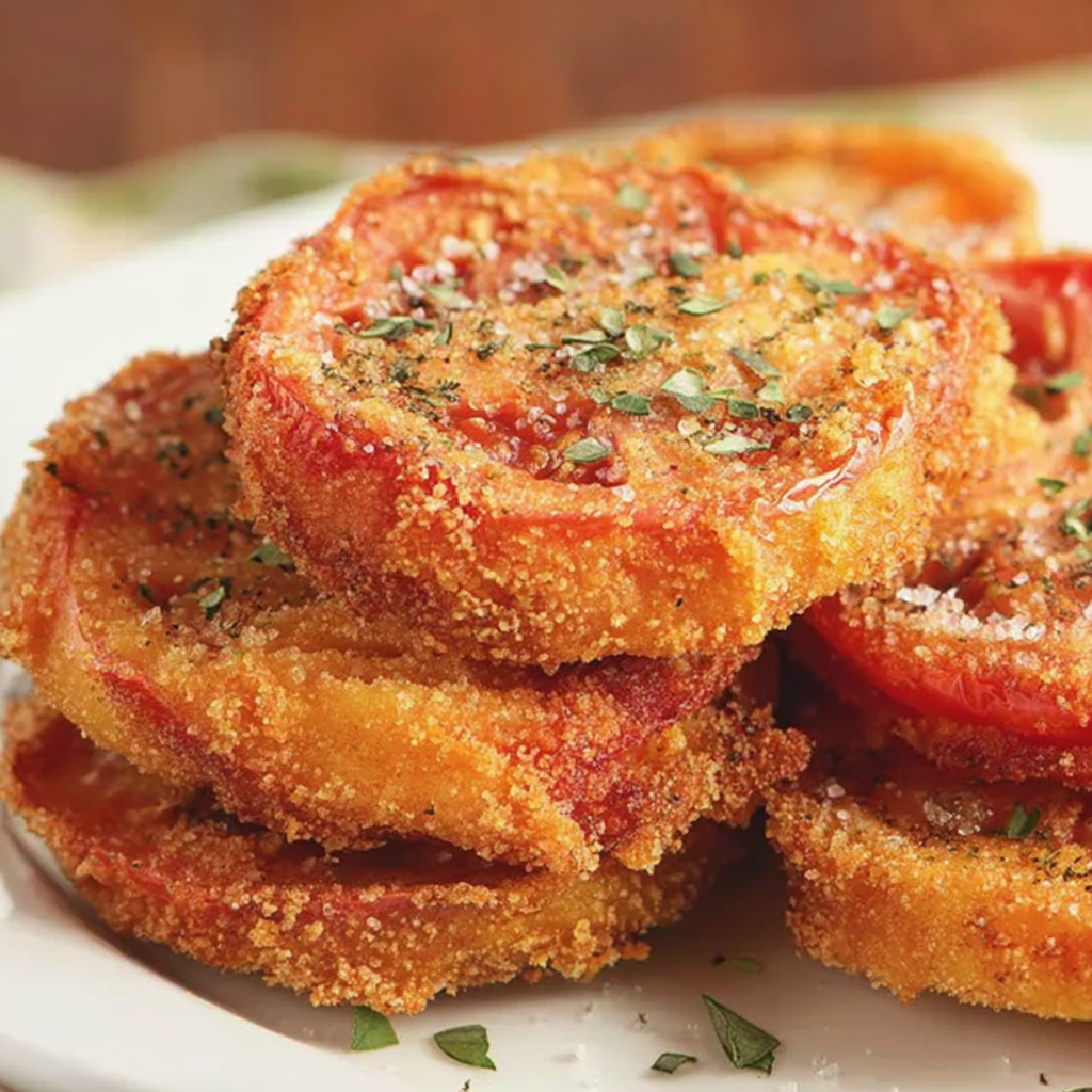 Air fryer basket filled with breaded tomato slices