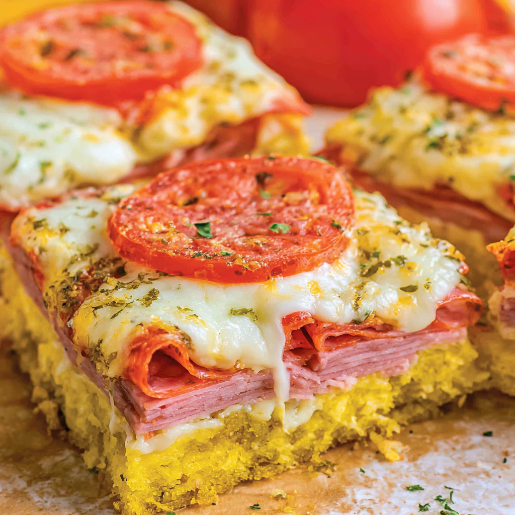 Sliced Italian Sub Squares stacked on a board with dipping sauce