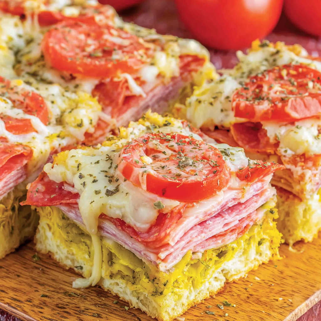 Close-up of golden crust and melty layers in Italian Sub Squares