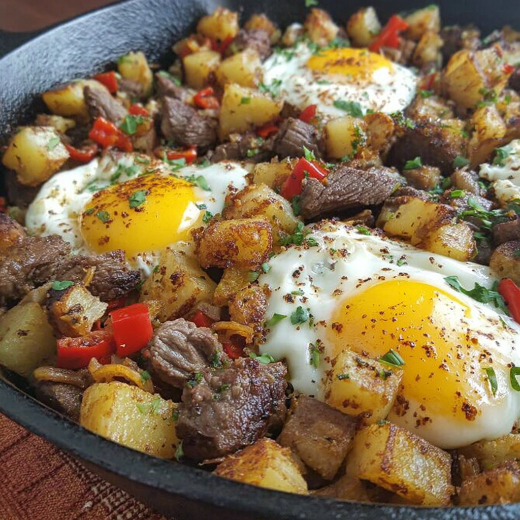 Close-up of crispy potatoes, steak bites, and peppers in skillet