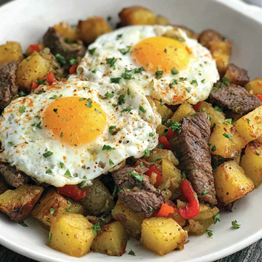 Eggs nestled in steak and potato hash with herbs