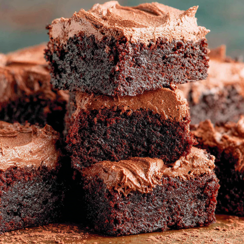 Stacked frosted brownies showing fudgy interior