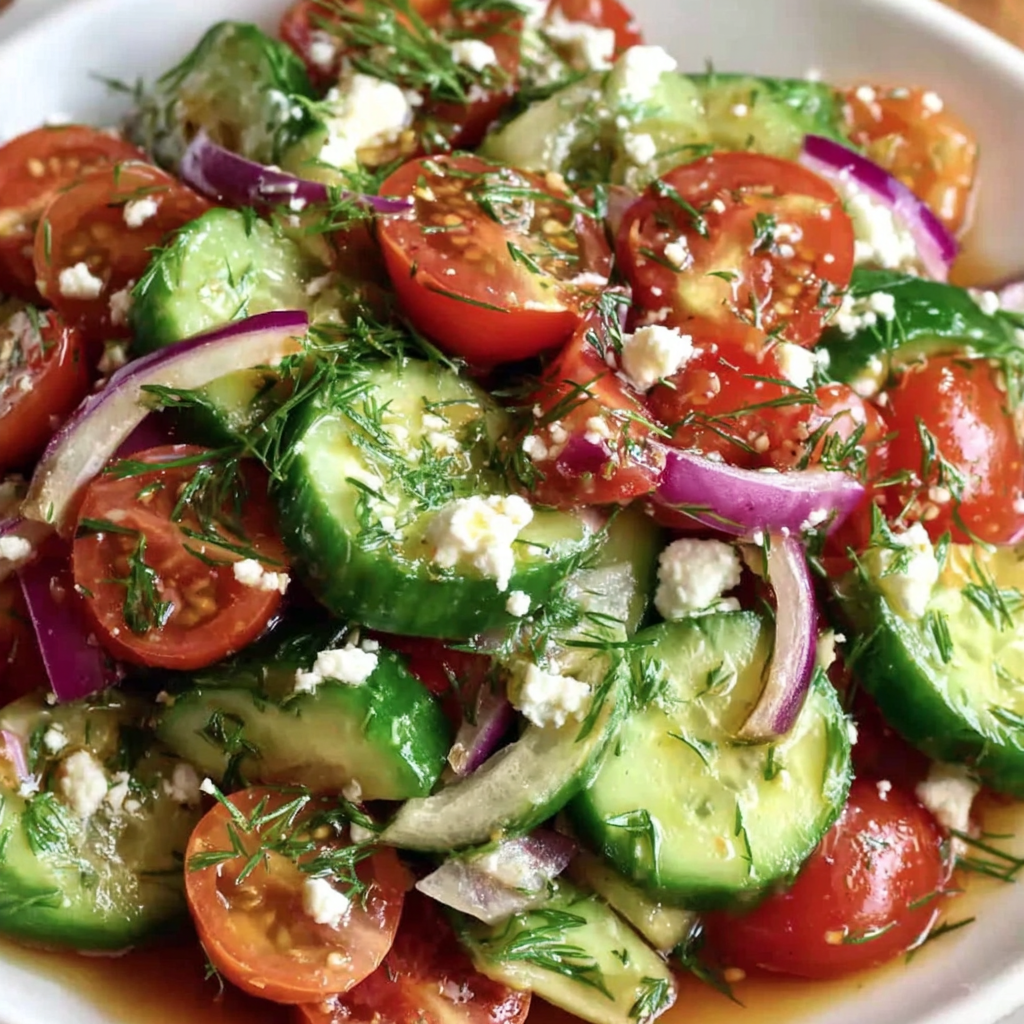 Ingredients for tomato cucumber salad laid out on a board