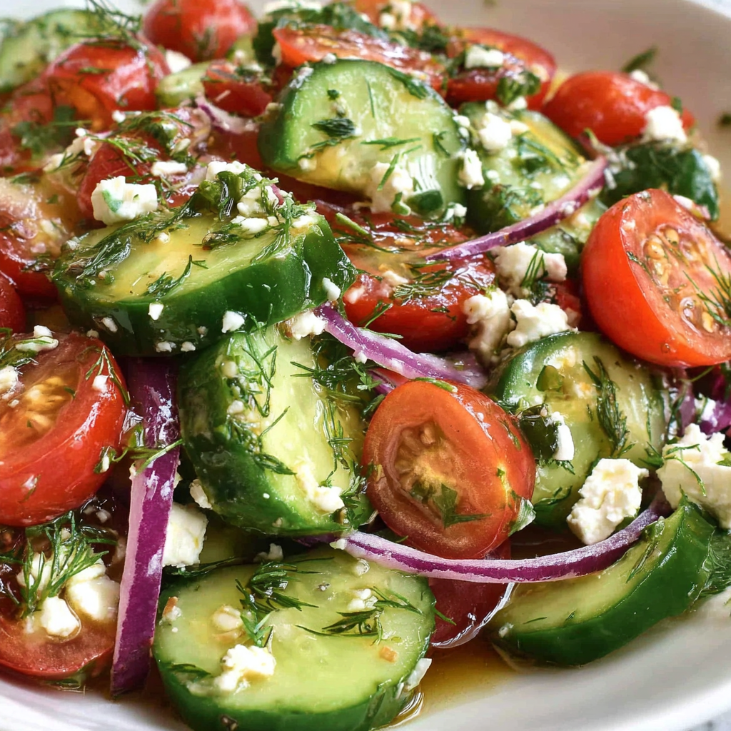 Close-up of salad showing dill, feta, cucumbers, and tomatoes