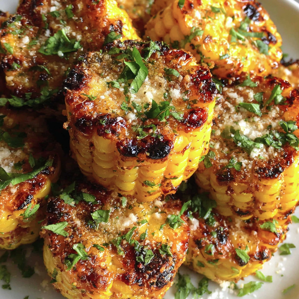 Close-up of seasoned corn coins sizzling on a grill