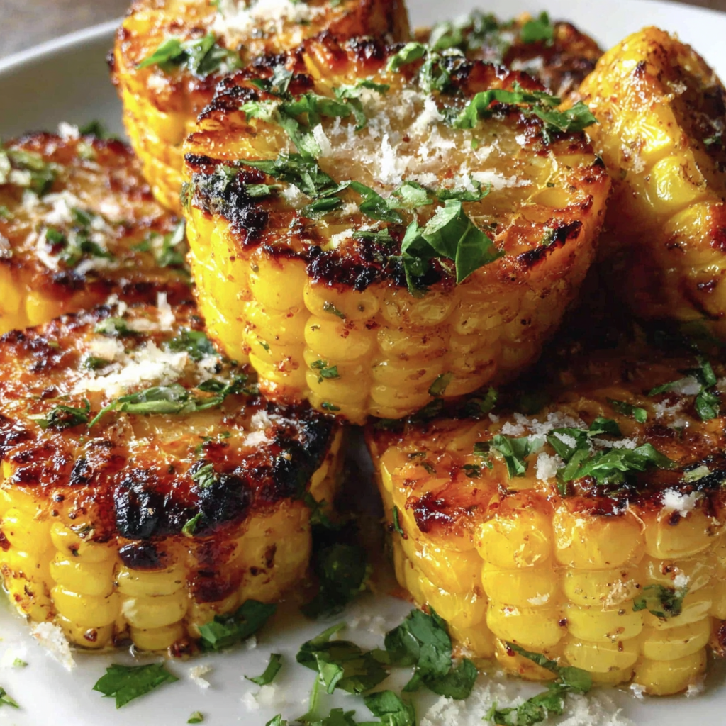 Platter of grilled corn coins served with lime and herbs