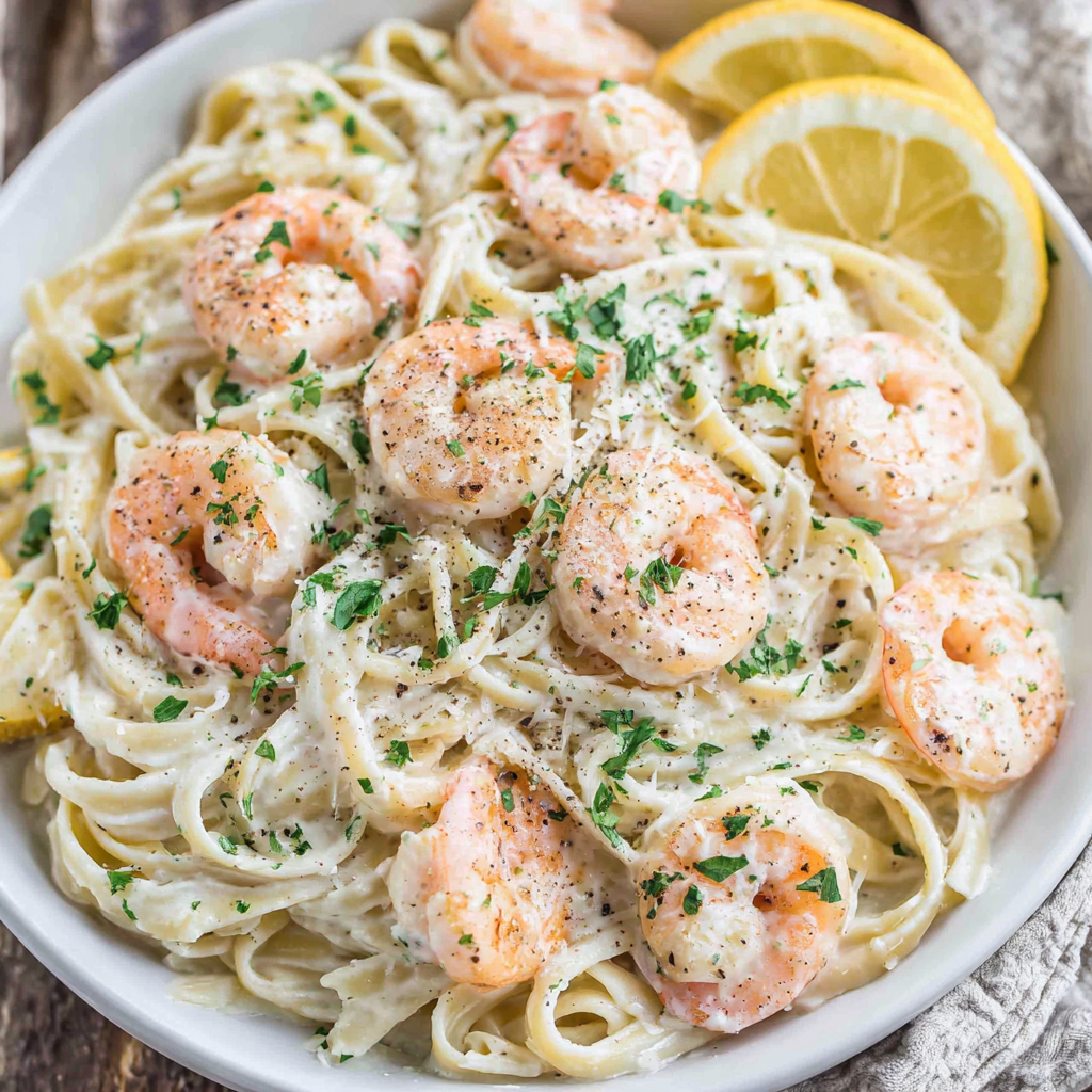 Skillet of shrimp and cream sauce simmering with onions and garlic