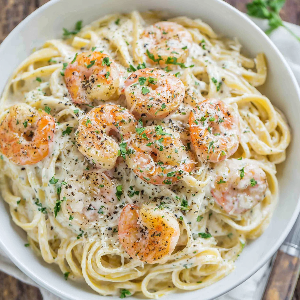 Bowl of fettuccine alfredo with shrimp, parsley, and Parmesan on a table setting