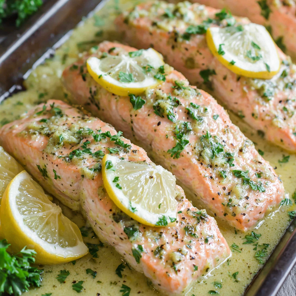 Close-up of glazed baked salmon with parsley and lemon
