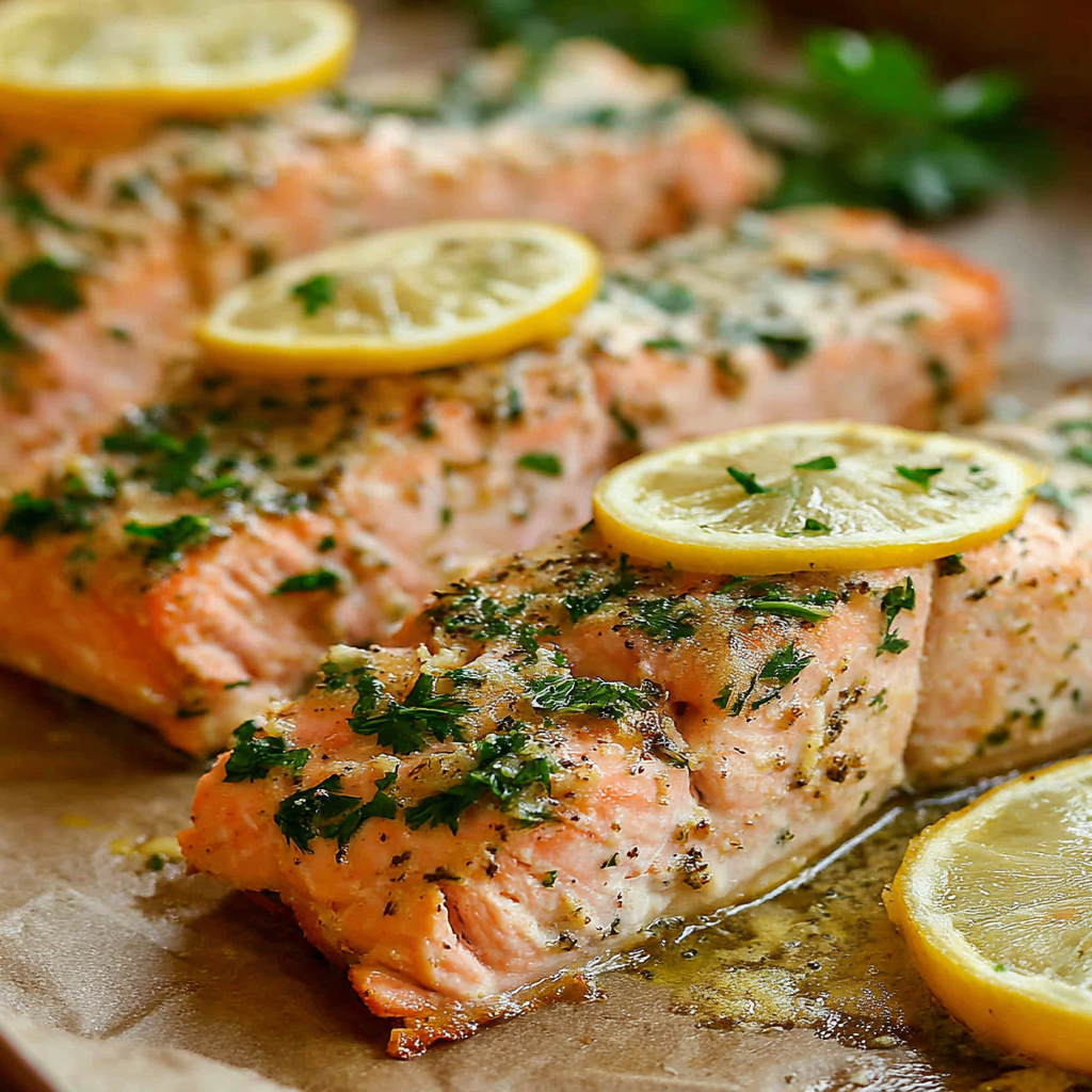 Plated baked salmon with asparagus and lemon wedges