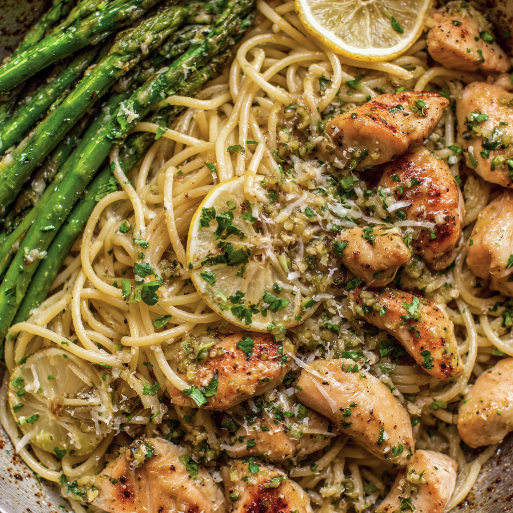 Close-up of twirled chicken scampi pasta with lemon slices and parsley