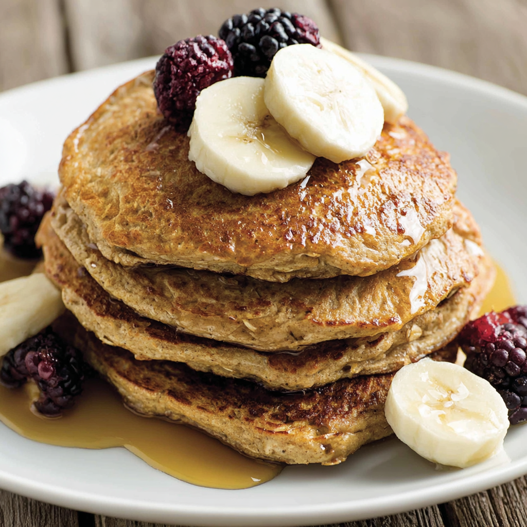 Blender full of banana oatmeal pancake batter, ready to blend