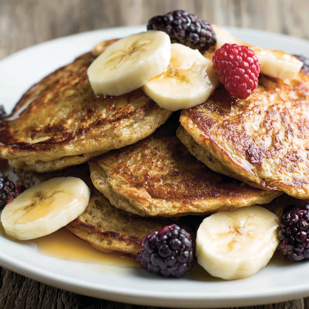 Two stacked banana oatmeal pancakes with maple syrup and banana slices