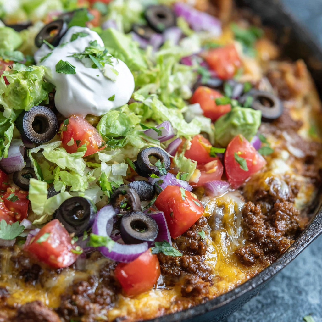 Loaded taco dip fresh out of the oven in a cast iron skillet