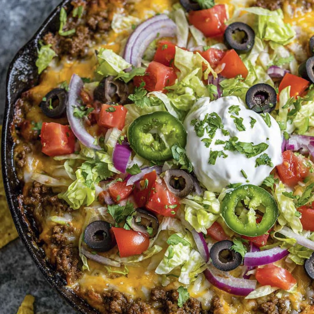 Close-up of served taco dip with chips and fresh toppings
