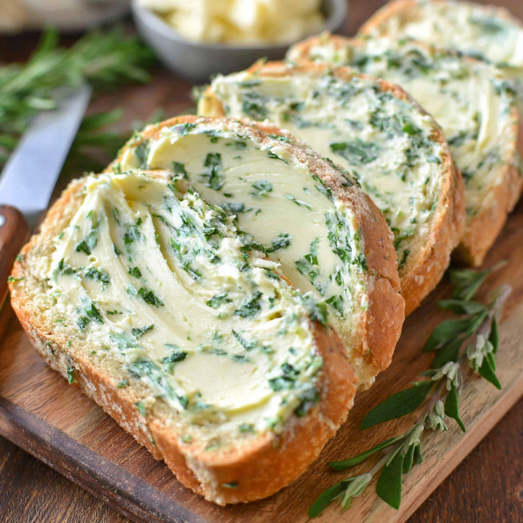 Sliced herb butter on bread