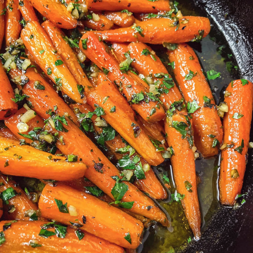 Honey garlic roasted carrots in a skillet, glossy with butter and honey