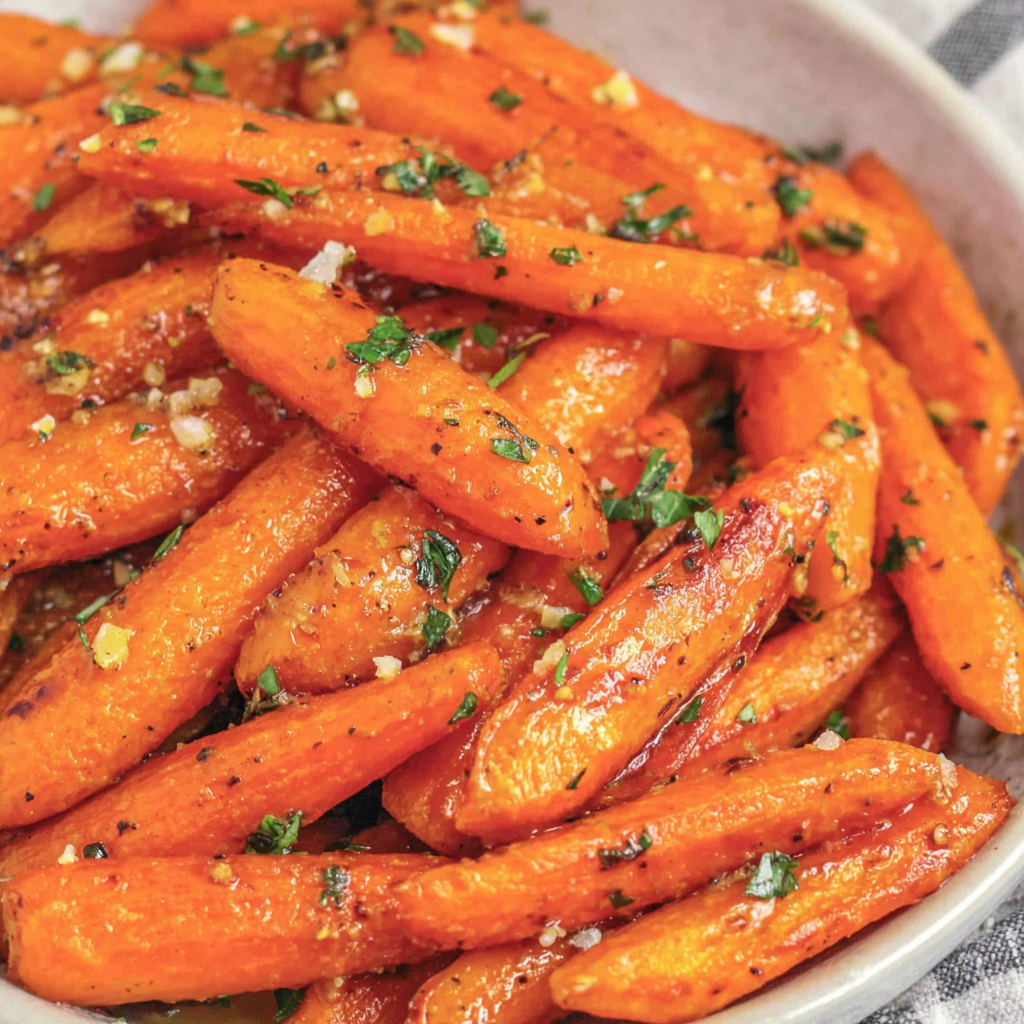 Close-up of roasted carrots with parsley garnish