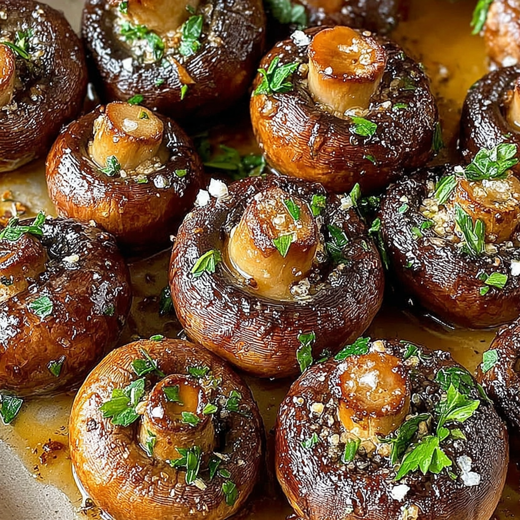 Garlic butter roasted mushrooms on a baking sheet