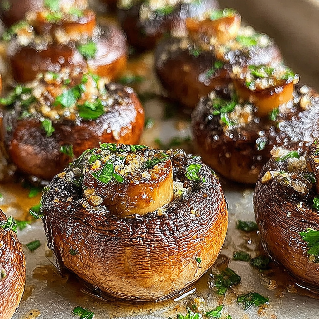 Close-up of browned roasted mushroom caps garnished with parsley