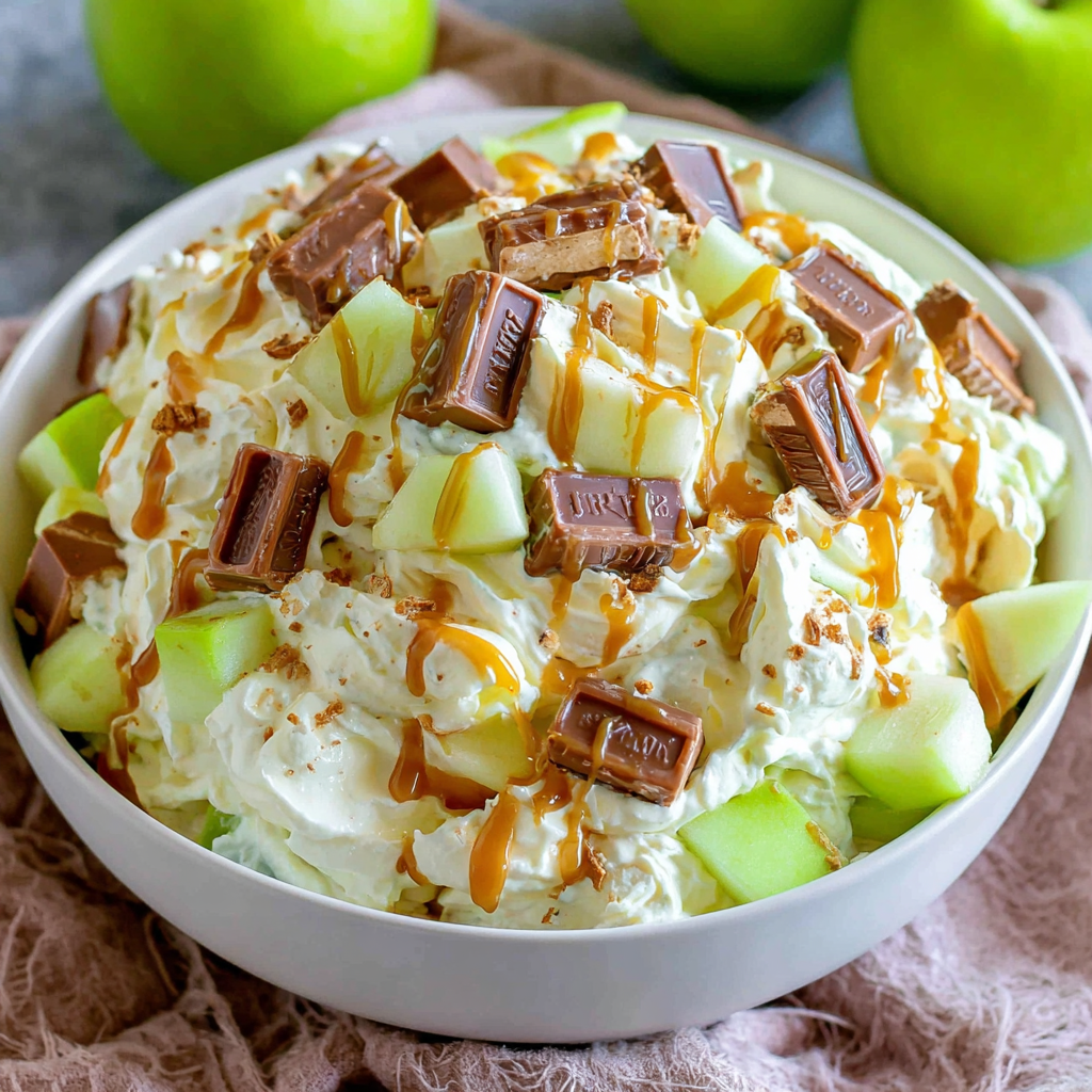 Snickers Salad in a bowl with chopped apples and candy