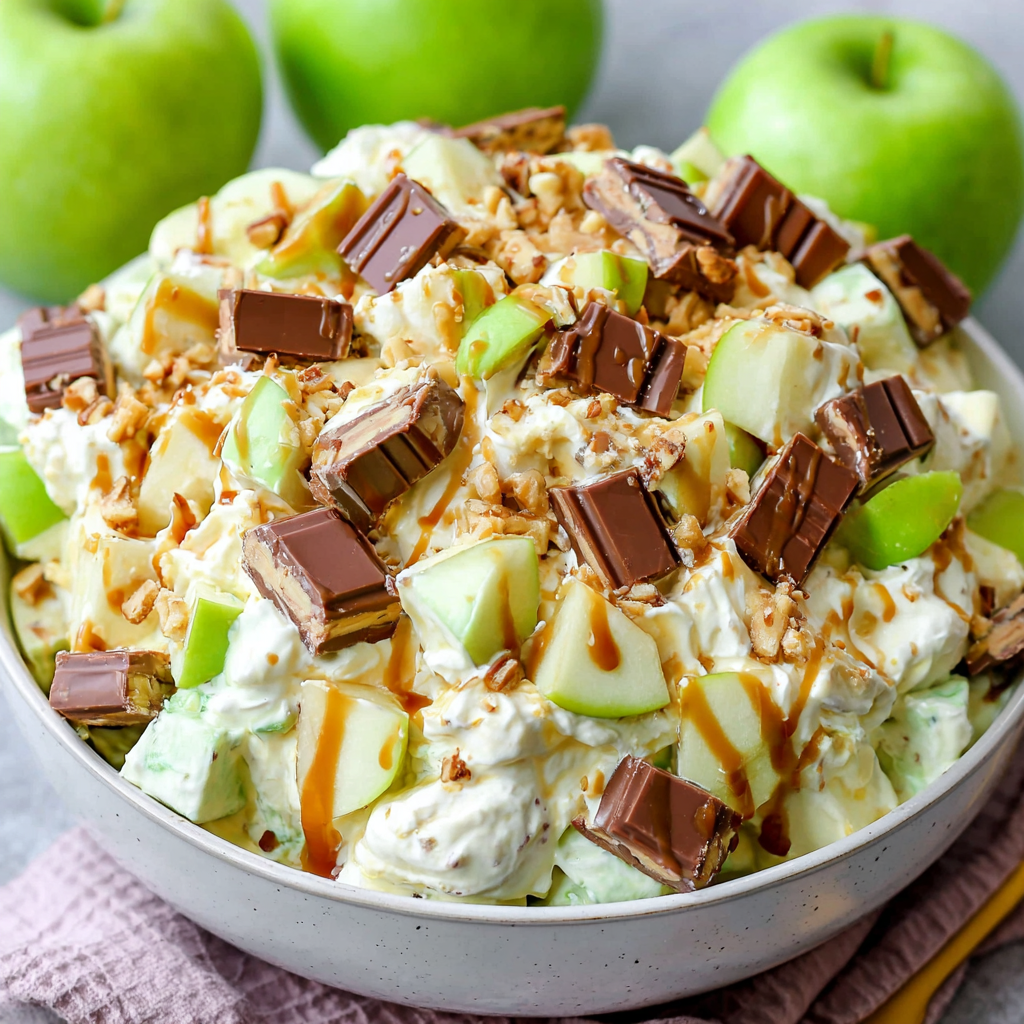 Close-up of Snickers Salad with caramel drizzle
