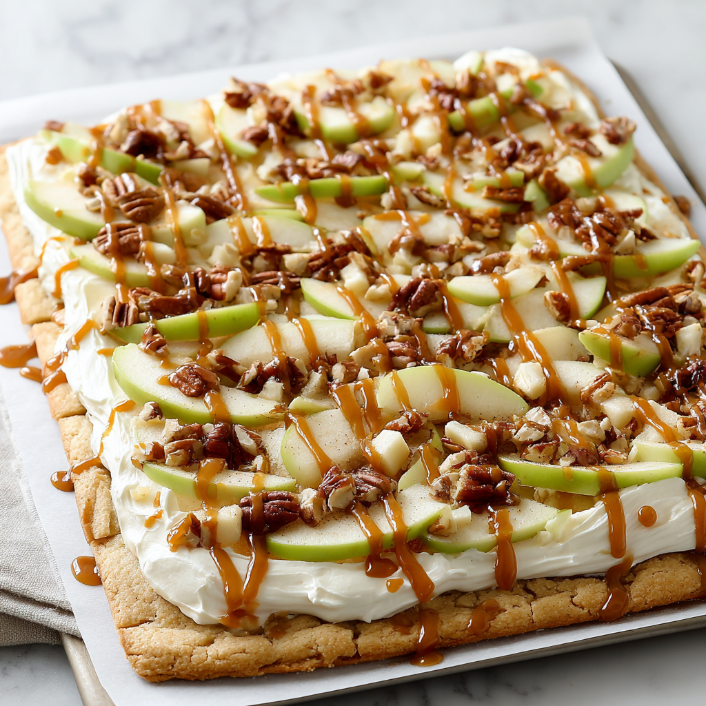 Baked caramel apple cookie pizza with apples and pecans