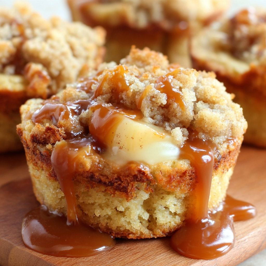 Salted Caramel Apple Cups in a muffin tin with crumble topping