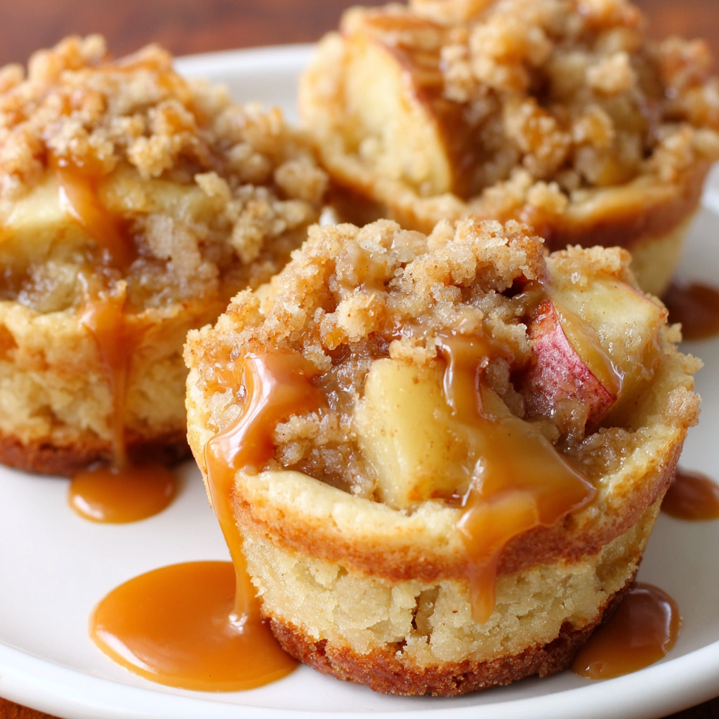 Close up of caramel drizzling over apple topped blondie cups